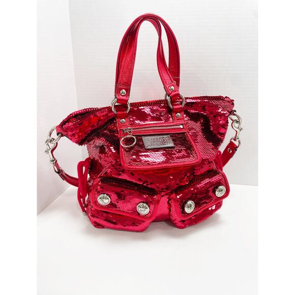 Coach Poppy Red Sequin Glam Tote Shoulder Bag Crossbody Rare - Picture 2 of 16